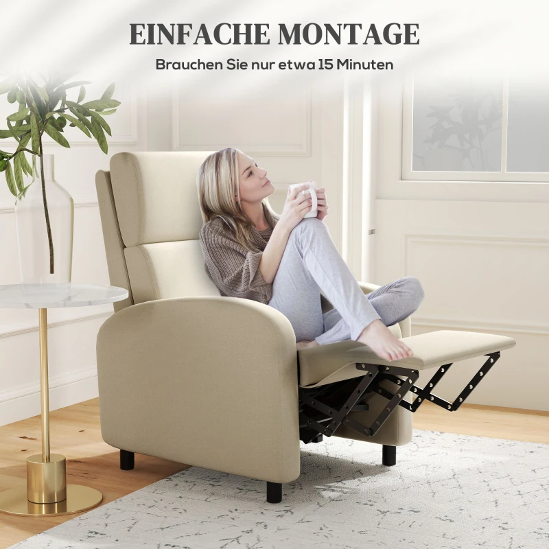 HOMCOM Relaxfauteuil Televisiefauteuil, Uitklapbare Voetsteun, Kantelbaar tot 160°, 64 x 86 x 102 cm, Crème(m-7)