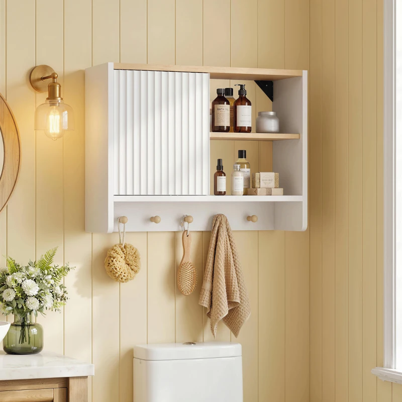 HOMCOM Armoire murale de salle de bain, meuble de rangement de salle de bains avec porte, étagères ouvertes et 5 crochets
