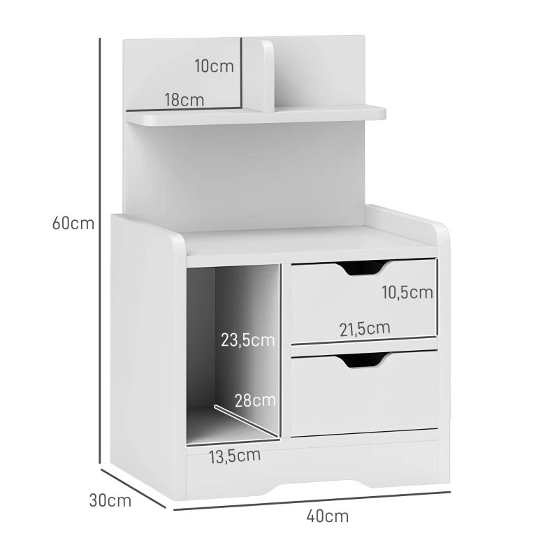 HOMCOM Criado-mudo com 2 gavetas, prateleira aberta, 40x30x60 cm, Branco