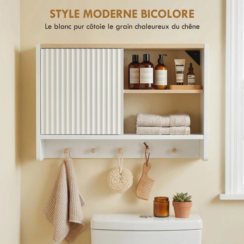 HOMCOM Armoire murale de salle de bain, meuble de rangement de salle de bains avec porte, étagères ouvertes et 5 crochets
