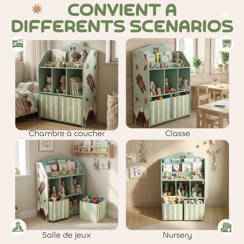 AIYAPLAY Meuble rangement enfant, bibliothèque enfants avec étagères ouvertes et 2 tiroirs en tissu, MDF, vert