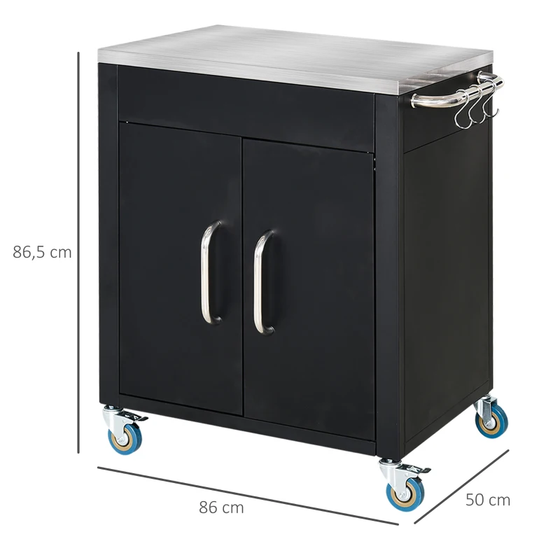 HOMCOM Carrinho de cozinha com rodas, carrinho de serviço com armário, ganchos e pegas em aço inox, auxiliar de cozinha, mesa de BBQ em aço inox, 86 x 50 x 86,5 cm Preto