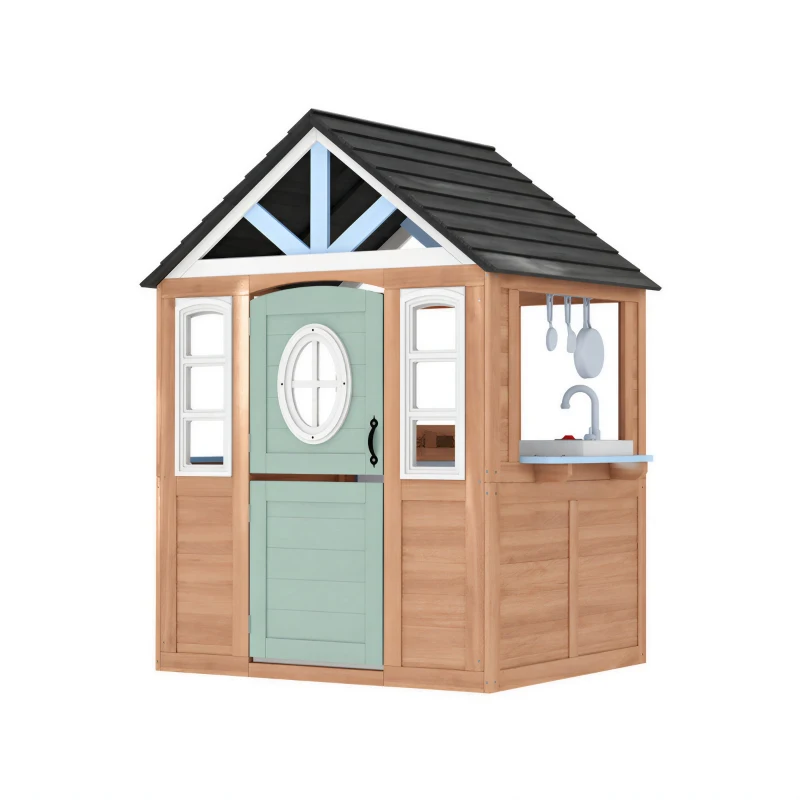 AIYAPLAY Wooden Playhouse for Kids, Wendy House with Pet Door, Play Kitchen, Half Door and Windows for Indoor Outdoor, Ages 2+