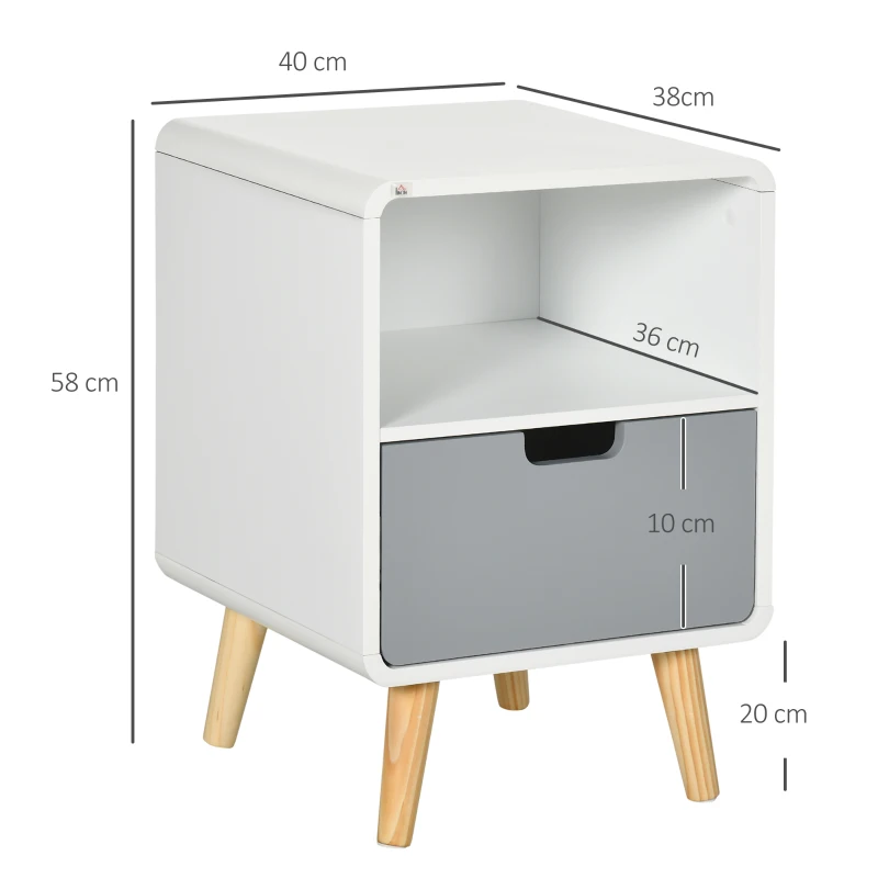 HOMCOM Mesa de cabeceira, design escandinavo, grande gaveta, acabamento resistente à água, 40 x 38 x 58 cm, Branco