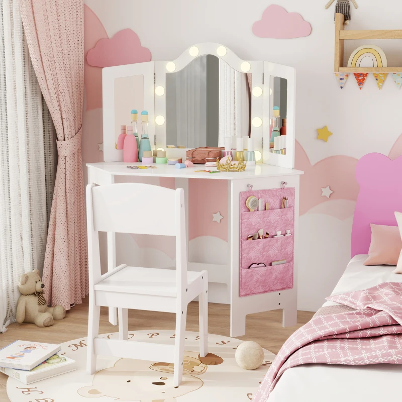 AIYAPLAY Kids Dressing Table and Stool Set, Girls Vanity Table with 2-Colour LED Lights, Tri-Folding Mirror, White