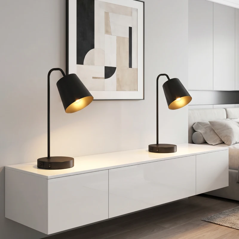 HOMCOM Set van 2 Moderne Tafellampen met USB-A- & USB-C-poort – Voor Slaapkamer, Woonkamer & Kantoor, Zwart