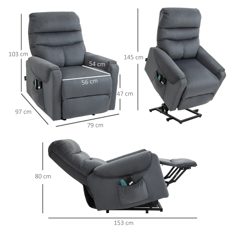 HOMCOM Poltrona de TV com Função de Elevação Elétrica, Poltrona de Massagem com Função de Deitar e Aquecimento, Poltrona Relax Ajustável com Controle Remoto e Bolso Lateral, Tecido de Poliéster Cinza Escuro