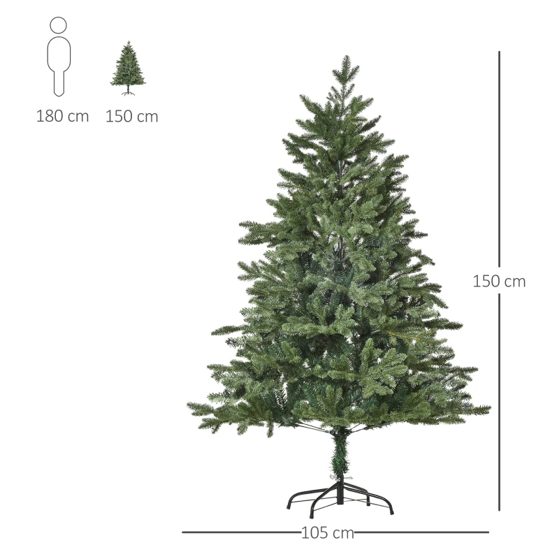 HOMCOM Árvore de Natal Artificial 150 cm, pinheiro artificial com 444 pontas, 3 formatos de folhas, retardante de chamas, com suporte metálico para interior