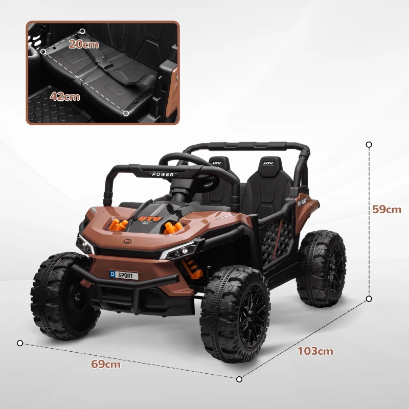 AIYAPLAY Macchina Elettrica per Bambini UTV 12V con Cintura, Telecomando, Sospensioni, USB, 3-6 km/h, 3-5 Anni, Marrone