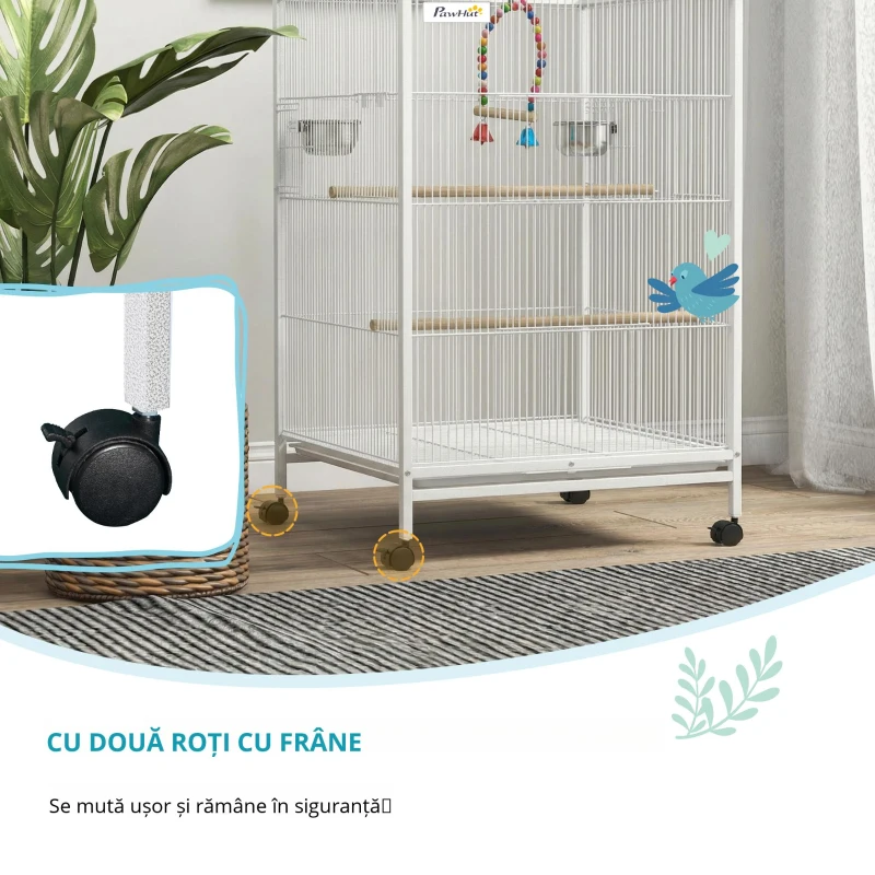 PawHut Colivie pentru Păsări cu Roți cu Hrănitoare Perchii Leagăn și Tăviță Detașabilă 48x46x78 cm Alb
