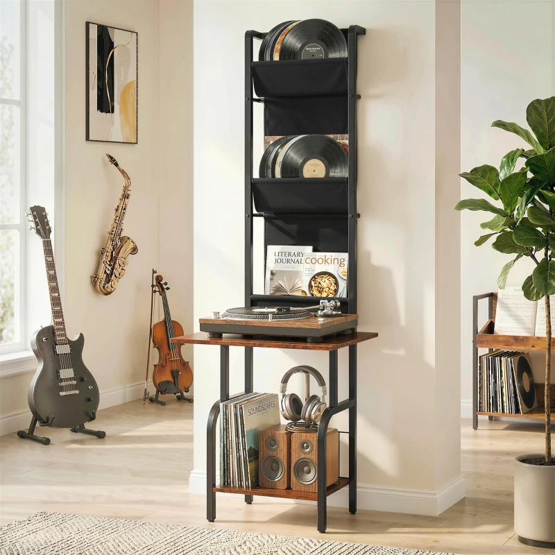 HOMCOM Vinyl Record Player Stand Record Storage with Player Stand Oxford Fabric Pockets Bottom Shelf Rustic Brown and Black