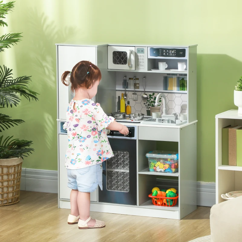 AIYAPLAY Set Cucina Giocattolo in Legno con Fornello con Luci e Suoni, Lavello con Circolo d'Acqua e Accessori, Bianco