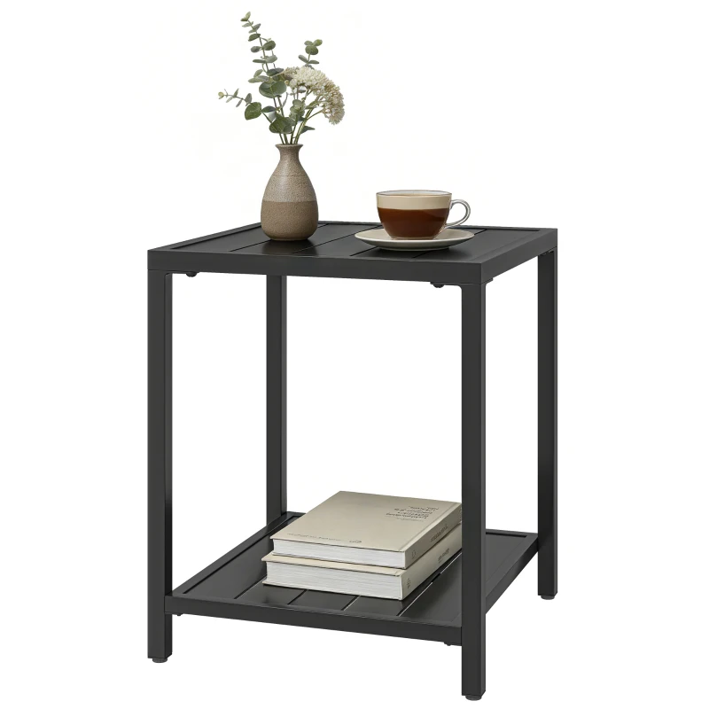 Outsunny Table basse extérieure à 2 niveaux en métal, table de jardin carrée avec étagère de rangement, 45 x 45 x 54 cm, noir