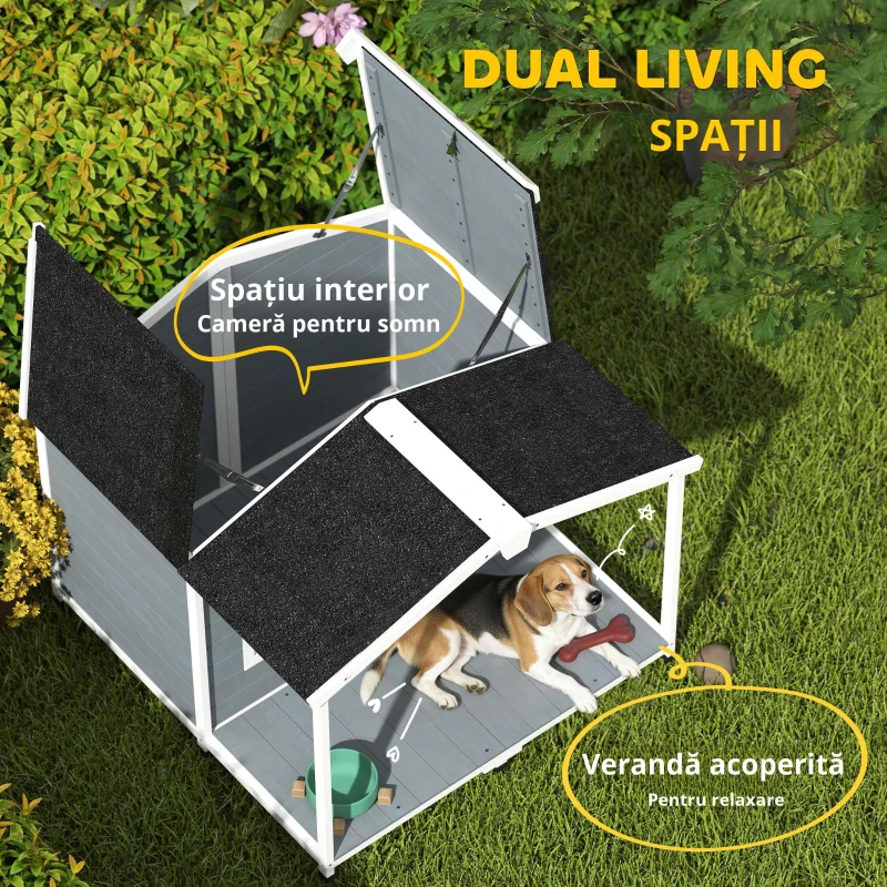 PawHut Cușcă pentru câini rezistentă la intemperii, cușcă înălțată din lemn cu acoperiș din asfalt, terasă, pentru câini de talie medie 103x107x83,5cm Gri