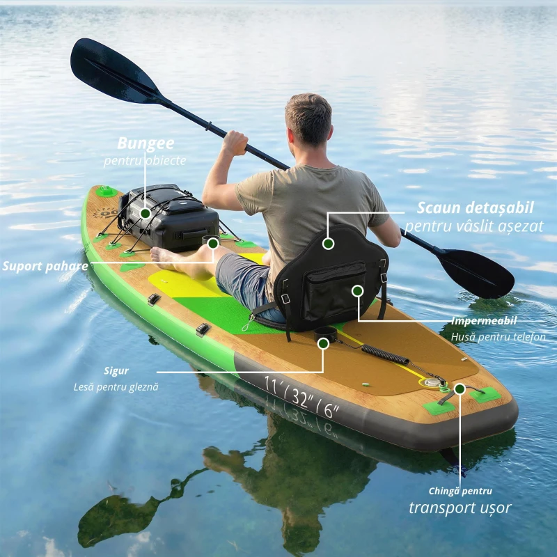 Outsunny Placă Paddle Surf Gonflabilă SUP Extra Lungă de 335 cm cu Scaun Vâslă Convertibilă Aripioare Pompă și Rucsac Capacitate 180 kg