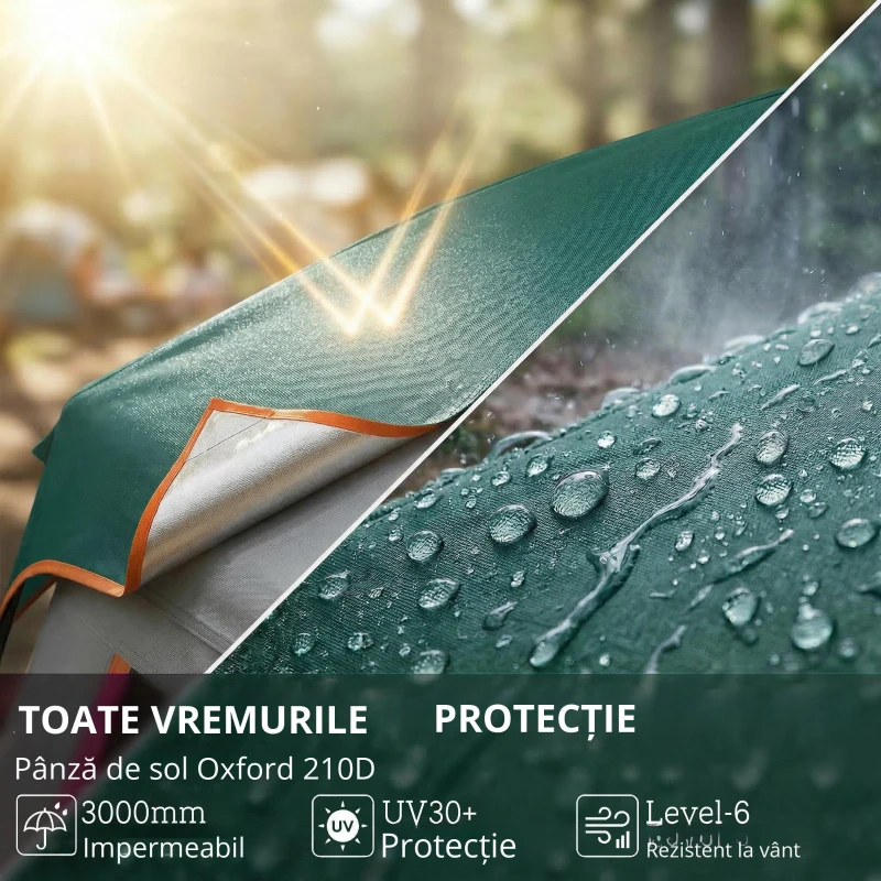 Outsunny Cort de camping pentru 4-6 persoane, stabil, impermeabil 3000mm, cort familial cu acoperire superioară detașabilă, protecție UV30+, verde