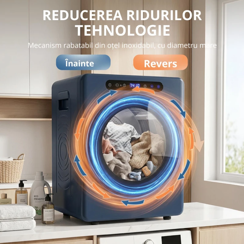 HOMCOM Uscător cu evacuare 5kg, 1000W uscător frontal compact independent cu tambur din oțel inoxidabil, timer, albastru