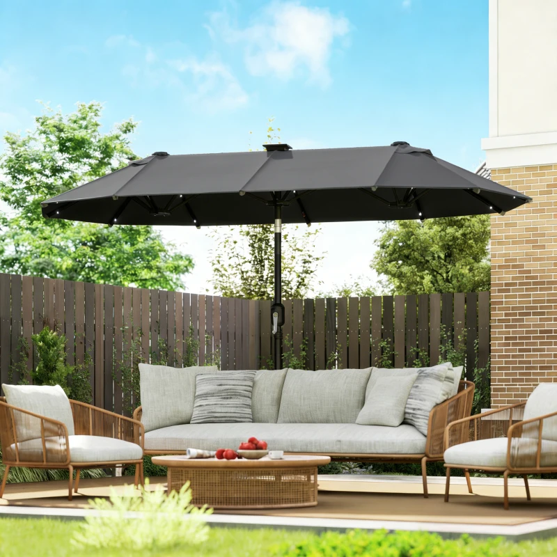 Outsunny Doppelschirm, Terrassenschirm, neigbar, mit Solarpaneel, 35 LEDs, Stahlrahmen, grau, 2,92 x 1,50 x 2,18 m
