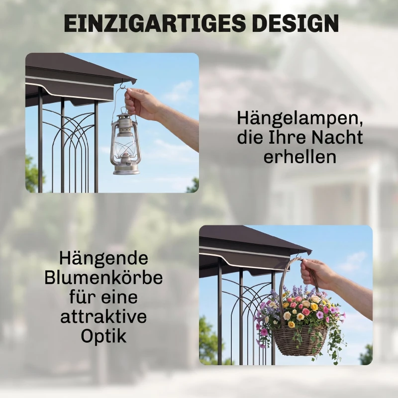 Outsunny tuinpaviljoen met dubbel dak paviljoen tuintent feesttent partytent met 4 x zijwanden metaal + polyester beige 3 x 3 x 2,7 m | Aosom