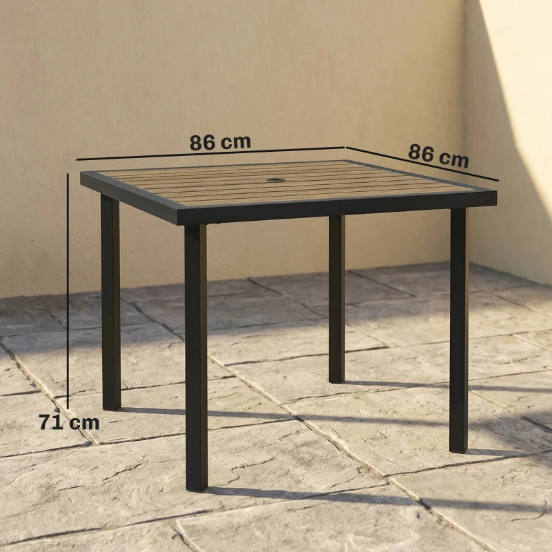 Outsunny Square Garden Dining Table with 5.4cm Parasol Hole, Slatted Top, Metal Frame, 86 x 86 x 71cm, Brown