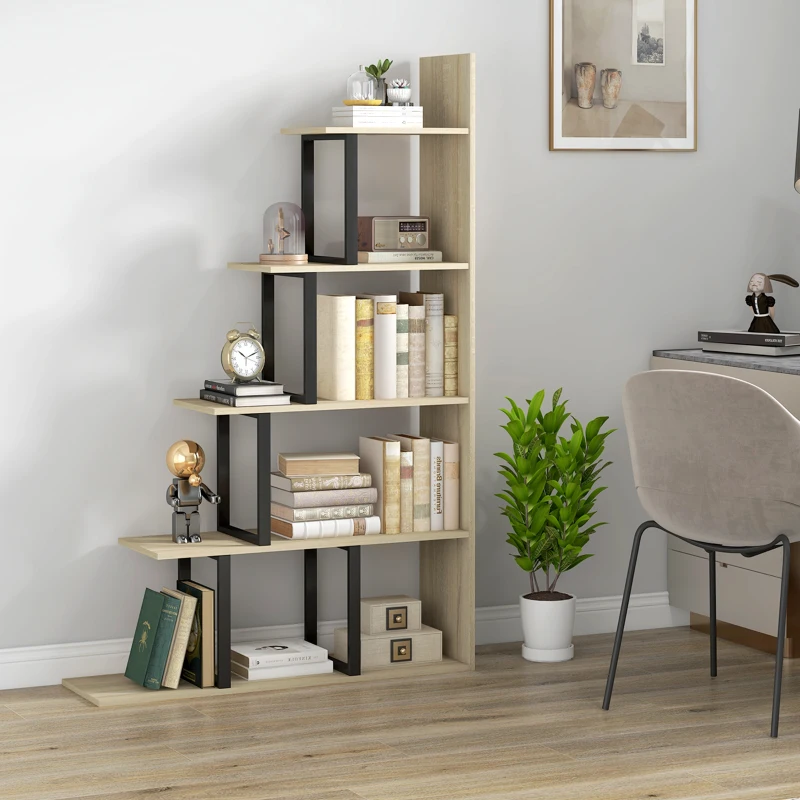 HOMCOM 5-Tier Bookcase, Wooden Ladder Bookshelf Display Stand, Oak