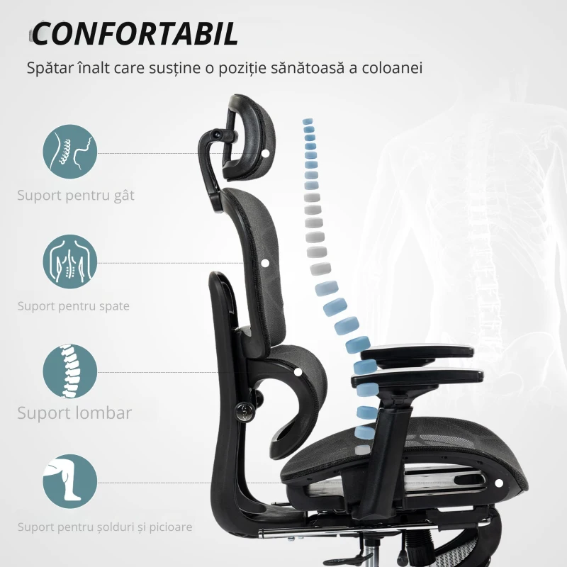 HOMCOM Scaun de birou, scaun de birou ergonomic din plasă cu brațe 3D, spătar inclinabil, 66x64x122 cm, negru