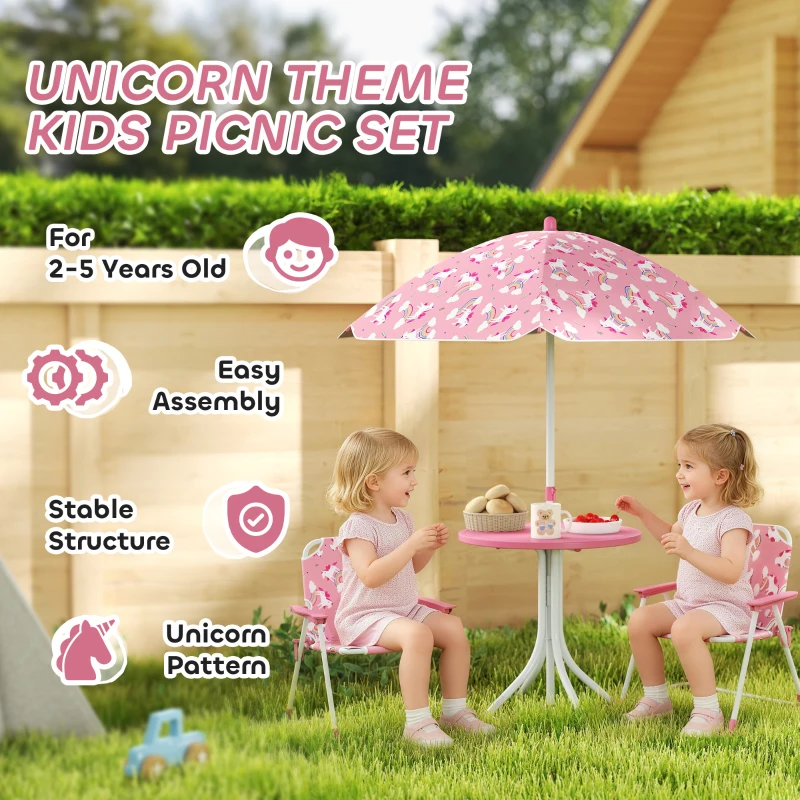 AIYAPLAY Kids Patio Table and Chair Set, Kids Garden Furniture with Umbrella, 4-Piece Bistro Set for Garden, Pink