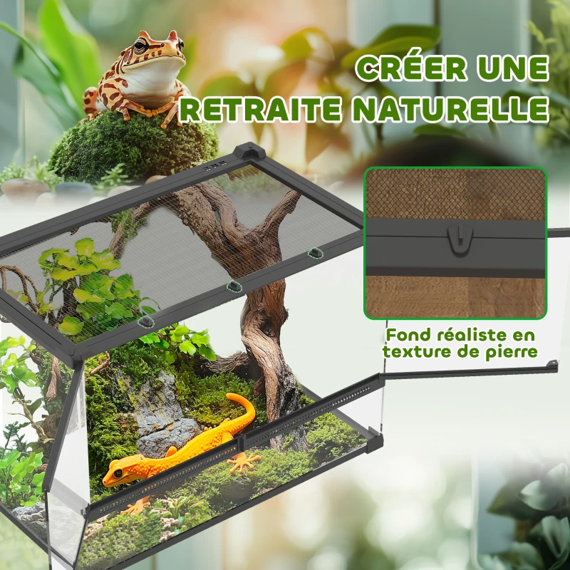 PawHut Boîte à reptiles, boîte d'élevage de reptiles, fermeture sécurisée par rotation, ventilation frontale, 50x30x35cm, noir