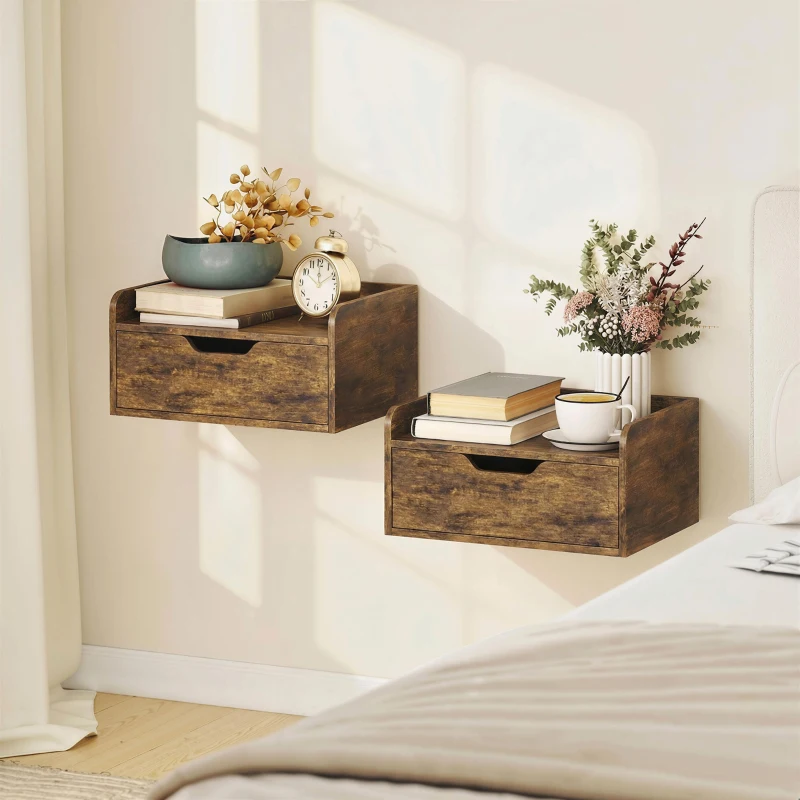 HOMCOM Floating Nightstands Set of 2, Wall Mounted Bedside Table with Drawer for Bedroom, Rustic Brown
