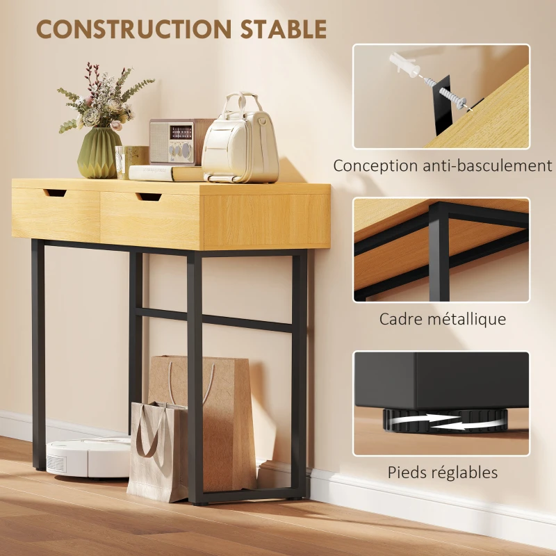 HOMCOM Console meuble 110 cm, table console étroite avec 2 tiroirs, cadre en métal et design sans poignées, bois naturel