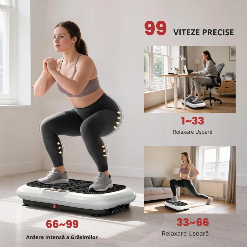 Placă vibratoare HOMCOM cu 99 trepte, 2 benzi fitness 73 x 40 x 13cm Alb+Negru