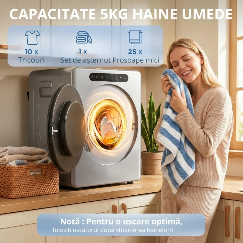 HOMCOM Uscător cu evacuare 5kg, uscător compact independent tip încărcare frontală 1000W cu tambur din oțel inoxidabil, timer, argintiu