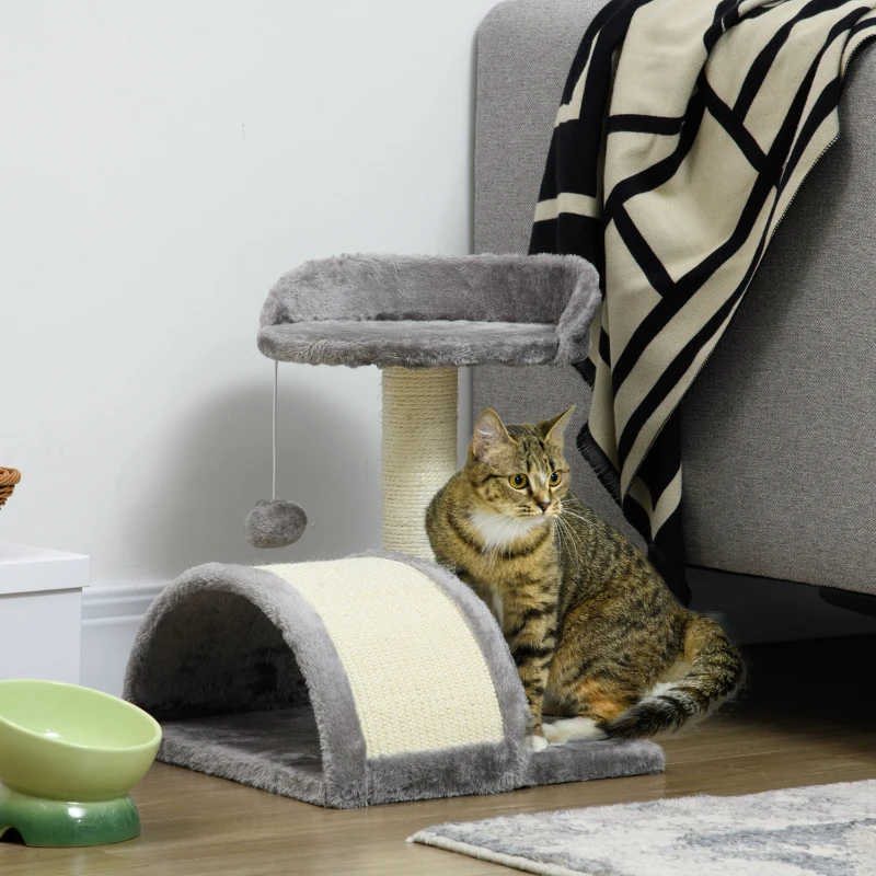 PawHut Kratzbaum 46 cm Kleiner Katzenturm mit Höhle, Spielball, Sisal-Seil, erhöhter Plattform, Katzenkratzbaum, Kletterbaum, für Katzen bis zu 4 kg, Grau
