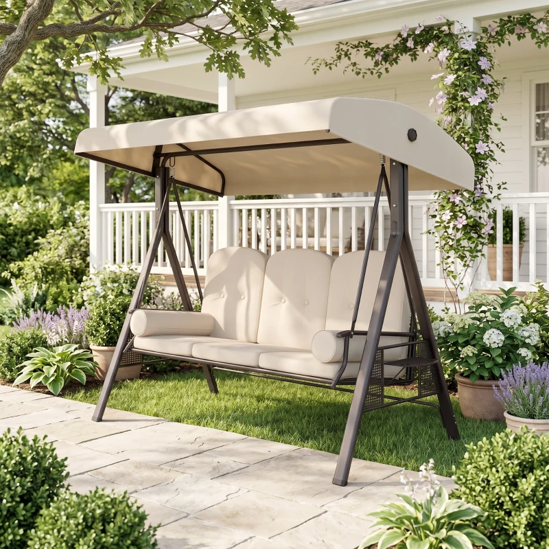 Outsunny Balancelle de Jardin 3 Places Grand Confort Toit Inclinaison réglable Coussins Plateaux rétractables 121x208x172cm beige