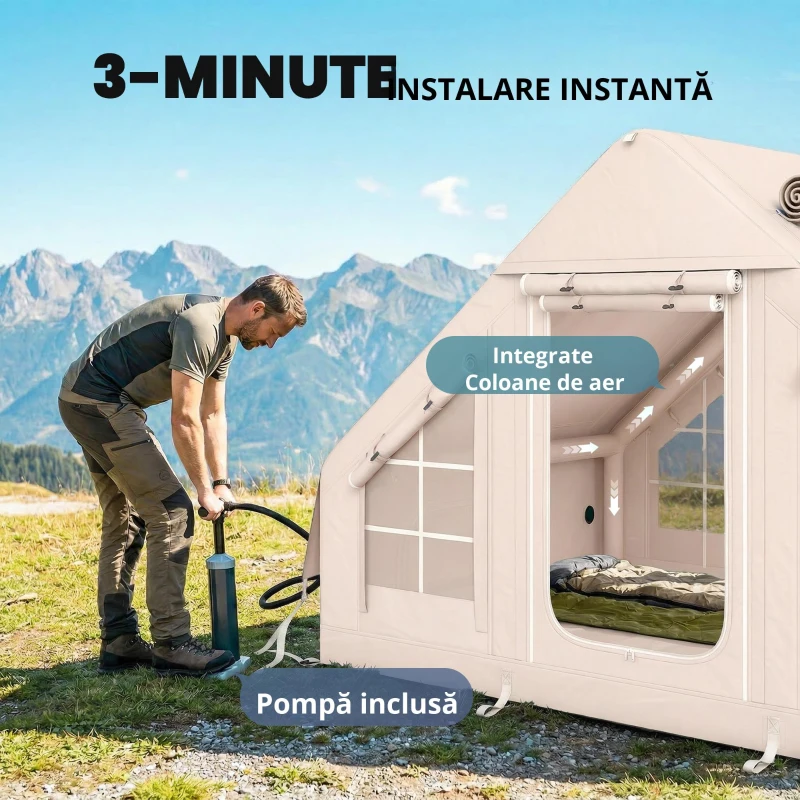 Outsunny Cort gonflabil 5–8 persoane, montare rapidă, 8000 mm impermeabil și rezistent la vânt cu pompă, racord pentru sobă, fereastră de acoperiș