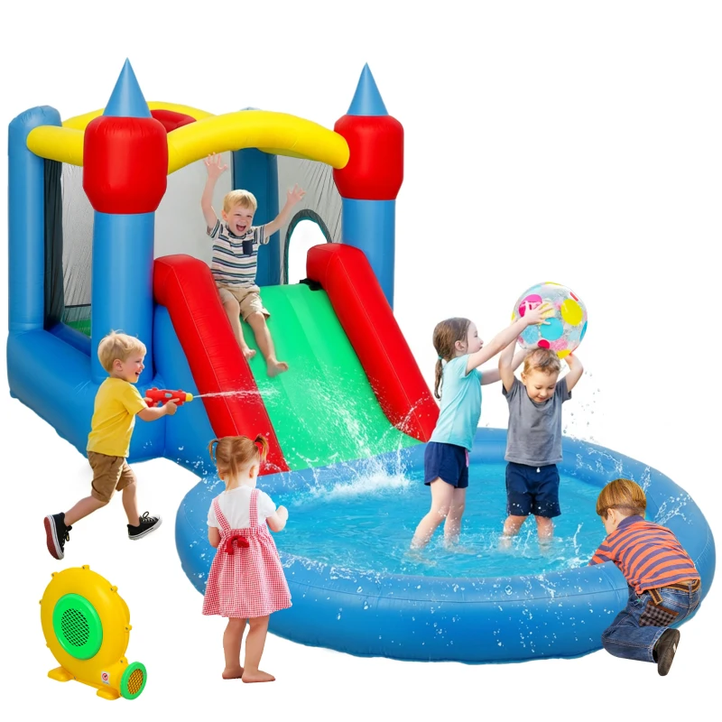 AIYAPLAY Château gonflable 4 en 1 avec toboggan, panier de basket, piscine à balles, souffleur 370W, 415 x 205 x 190 cm