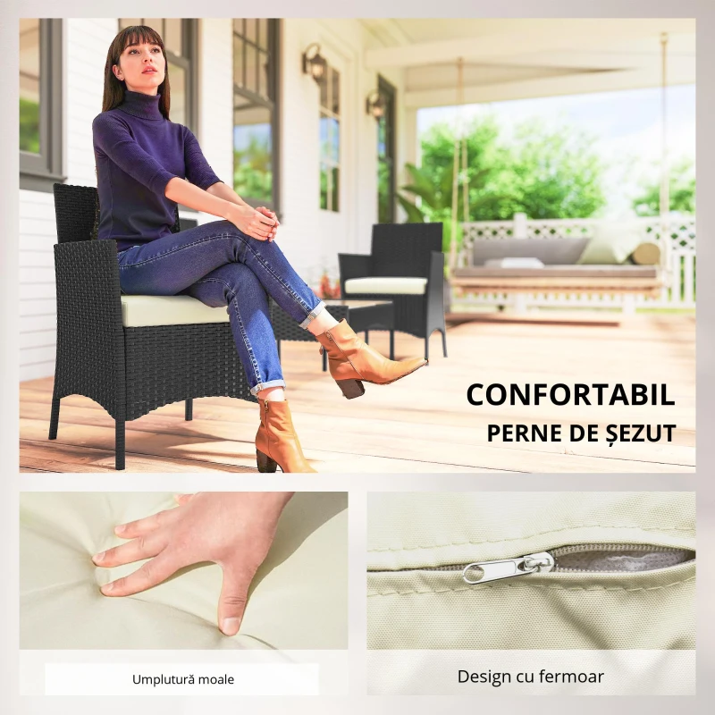 Outsunny Set Mobilier Grădină din Ratan Sintetic cu Canapea, Fotolii și Masă din Sticlă Securizată și Perne Negru și Crem