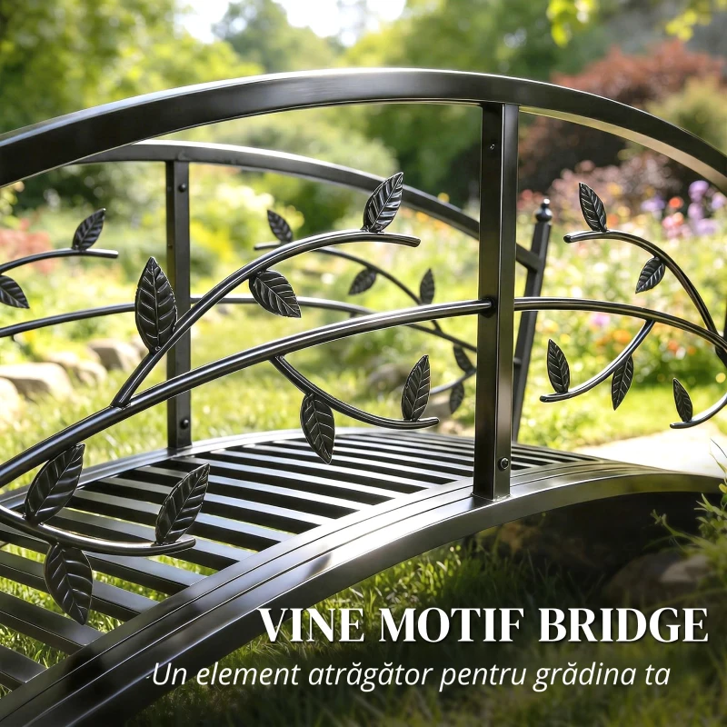 Outsunny Pod de Grădină Metalic 1,2 m Pod Decorativ pentru Iaz cu Balustrade de Siguranță și Design cu Frunze Negru