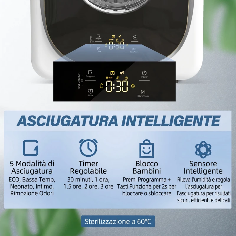 HOMCOM Mini Asciugatrice Portatile 4 kg, 5 Programmi, 800W, Fino 60℃, Timer, Tamburo in Acciaio Inox, per Casa, Bianco