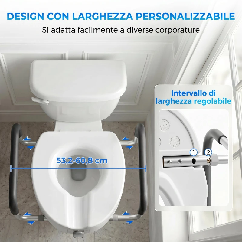 HOMCOM Rialzo WC per Anziani in HDPE con Maniglie Antiscivolo, Larghezza Regolabile, Capacità 136kg, Bianco