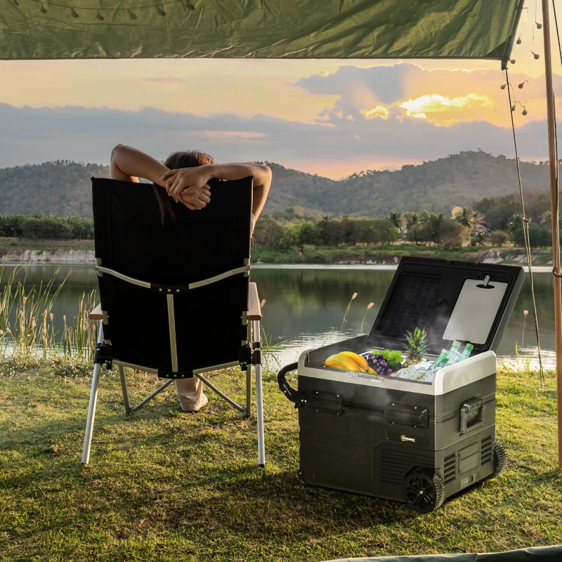 Outsunny 50L Camping Fridge, Portable Freezer Compressor Car Refrigerator with LED, Telescopic Handle, 12/24V DC 110-240V AC Electric Cool Box Down to -20℃ for Campervan RV Boat Travel Truck