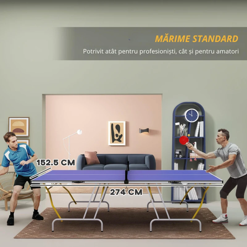 SPORTNOW Masa de Tenis de Masă pliabilă, inclusiv 2 rachete, 3 mingi, plasă, interior și exterior, cadru metalic, 274x152x76cm, Albastru