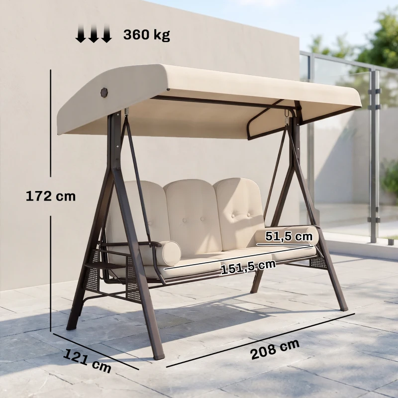 Outsunny Balancelle de Jardin 3 Places Grand Confort Toit Inclinaison réglable Coussins Plateaux rétractables 121x208x172cm beige