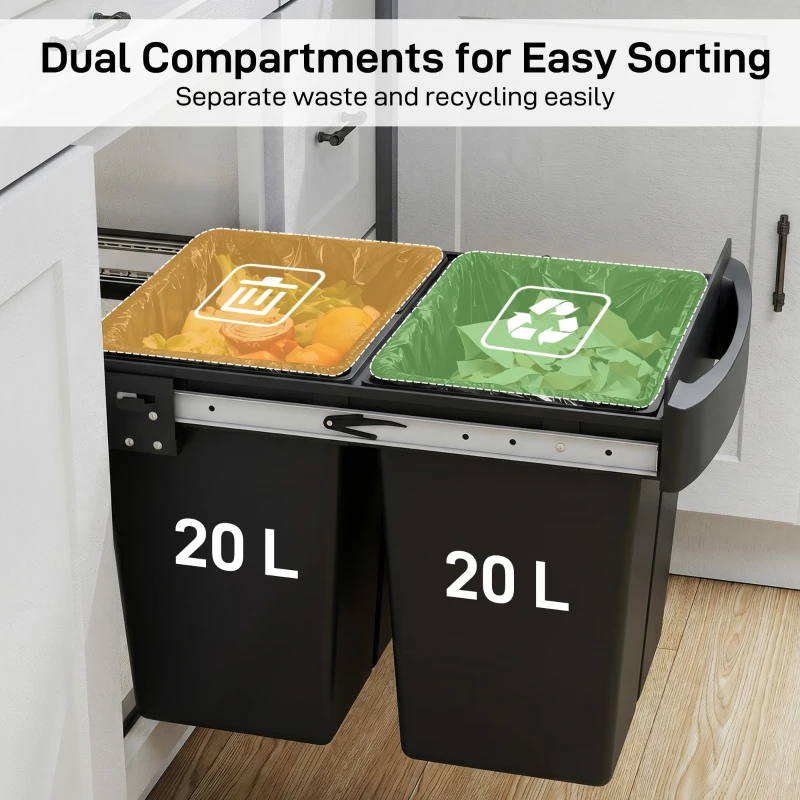 HOMCOM Pull Out Bin, Kitchen Under Sink Bin with 2 Removable Compartments, Smooth Glide, Black