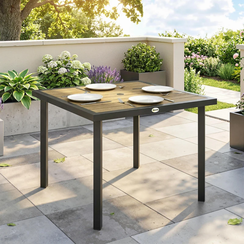 Outsunny Square Garden Dining Table with 5.4cm Parasol Hole, Slatted Top, Metal Frame, 86 x 86 x 71cm, Brown