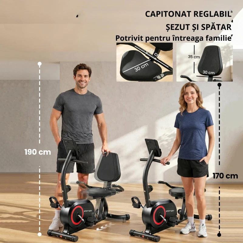 SPORTNOW Ergometru recumbent pentru acasă cu 8 trepte de rezistență reglabilă, frână magnetică, APP, senzor de puls, afișaj LCD, curele pentru picioare