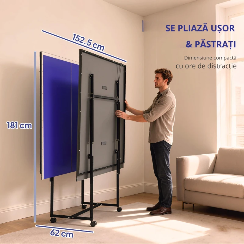 SPORTNOW Masă de Tenis de Masă Pliabilă pentru Interior cu Roți Pivotante, Plasă, Palete și Mingi, Albastră