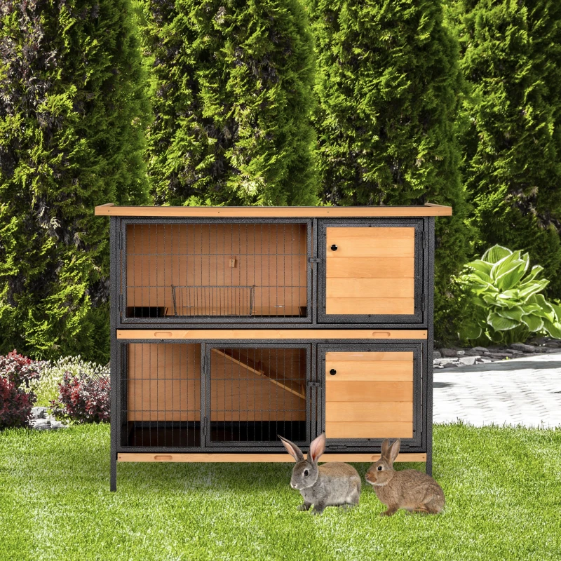 PawHut Clapier lapin extérieur 2 étages toit bitumé 4 portes verrouillables 122 x 50 x 101 cm bois naturel noir