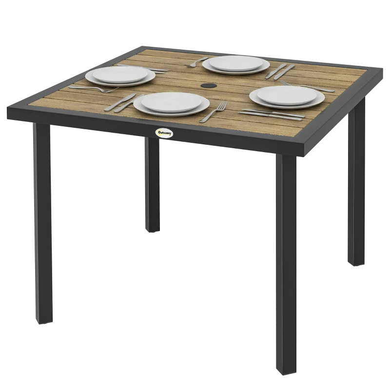 Outsunny Square Garden Dining Table with 5.4cm Parasol Hole, Slatted Top, Metal Frame, 86 x 86 x 71cm, Brown