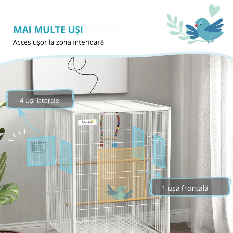 PawHut Colivie pentru Păsări cu Roți cu Hrănitoare Perchii Leagăn și Tăviță Detașabilă 48x46x78 cm Alb